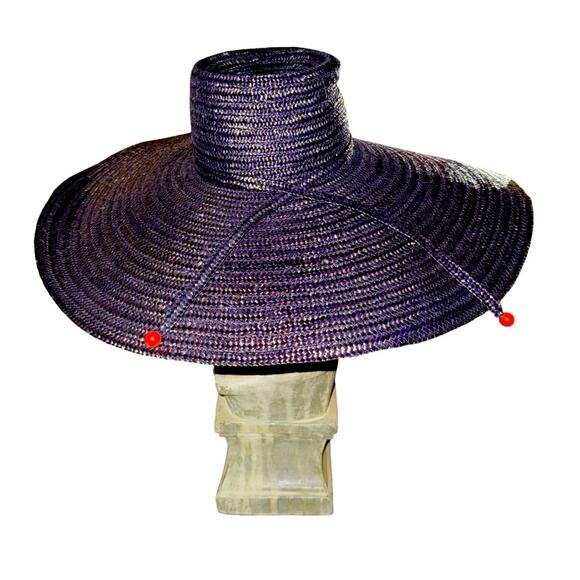 Vintage Italian Joseph Magnin Wide Brim Navy Hat 21” Diameter, 7” Interior main image 5
